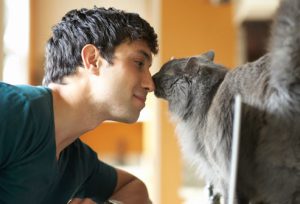 Man touching noses with cat
